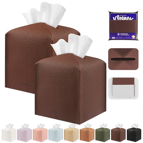 Tissue Box Cover Holder Square Tissue Cube Cover PU Leather Tissue Organizer with Bottom Belt for Bathroom, Tabletop, Car, Night Stands, Office, Home, Kitchen (2, CoffeeBrown) - color: Coffeebrown