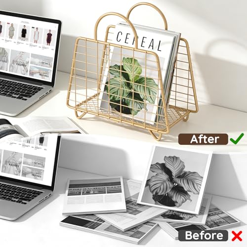 Gold Magazine Holder,Modern Magazine Rack Floor,Metal Wire Magazine Basket,Handbag Design Magazine Storage Organizer for Magazines File Book Newspaper Vinyl Record Albums - color: Gold