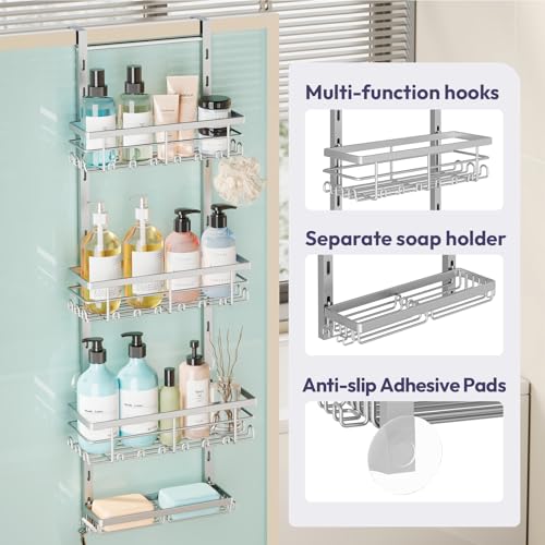 SWTYMIKI Over The Door Shower Caddy - 4 Tier Rustproof Hanging Shower Organizer with Adjustable Shelves, 40 Hooks & Soap Holder, Hanging Shower Rack Storage for Bathroom Accessories, Silver - color: Silver