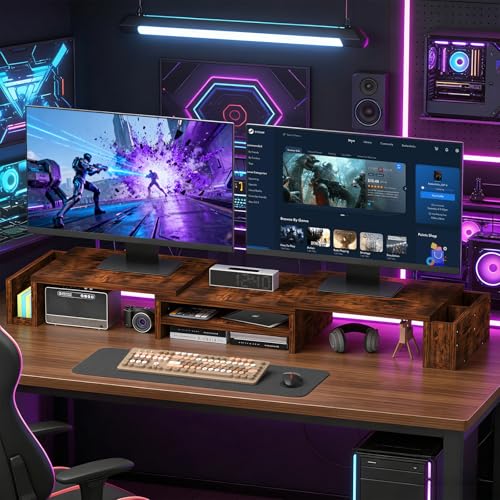 Wood Dual Monitor Stand Riser, Desk Organizers and Accessories with Storage Pen Holders, Adjustable Length and Angle 3 Shelf Extra Long 46" Desktop Organizer for 2 Monitors, Computer, Laptop, TV,Rustic Brown (Triple) - size: Triple