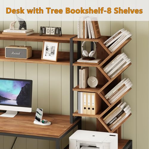 YOMILUVE L Shaped Desk with Hutch, Reversible Computer Desk with Drawers and Bookshelf, Home Office Desks with Storage Shelves for Bedroom Home Office, Brown and Black - color: Brown and Black