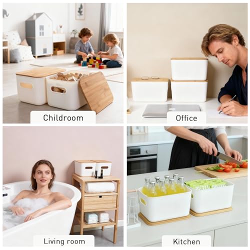 Citylife Storage Bins with Bamboo Lids 7QT Plastic Storage Containers Stackable Organizer Boxes with Handle for Desk Snacks, Toys, 4 PCS, 10" L x 7" W x 5.8" H - size: Small, style: 4 Pack