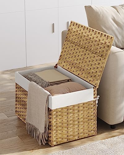 SONGMICS Storage Basket with Lid, Woven Blanket Storage Bin with Handles, Foldable, Removable Liner, Metal Frame, for Bedroom, Laundry Room, 27.7 Gallons (105 L), Natural URST066N01 - color: Natural, size: 105 L