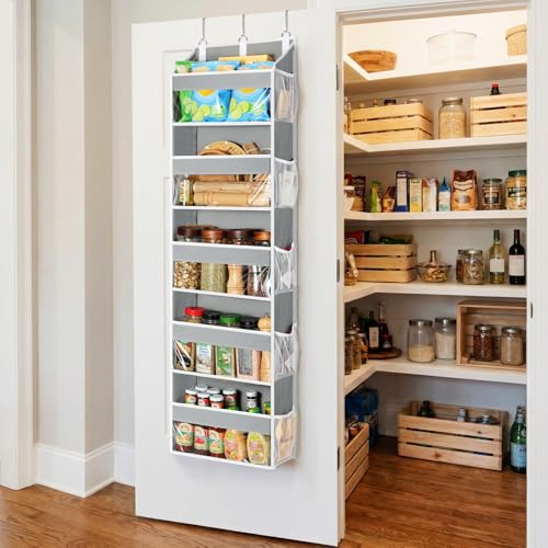 Yecaye Over the Door Organizer 5 Tiers, Heavy Duty Hanging Storage with 5 Large Clear PVC Pockets and 10 Side Pockets, 56lbs Capacity for Closet Door Bathroom Bedroom Nursery Dorm Laundry Room, Grey - color: Grey