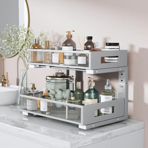 1 Pack 17IN Depth Under Sink Organizer, 2-Tier Pull Out Cabinet Organizer With Smooth Circular Rail, Large Capacity Metal Mesh Sliding Drawers For Bathroom& Kitchen Storage,Height Adjustable-Gun Gray - color: Gun Gray, size: 1 Pack-17"Dx11.6"-16.7" H