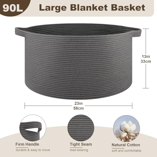 OIAHOMY 90L Blanket Basket for Living Room, Large Basket 23" x 23" x 13" with Handle, Laundry Hamper for Blankets, Pillows, Toy Storage for Kids, Dogs - Grey - color: Grey, size: 23" x 23" x 13"