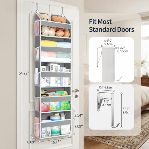 Yecaye Over the Door Organizer 5 Tiers, Heavy Duty Hanging Storage with 5 Large Clear PVC Pockets and 10 Side Pockets, 56lbs Capacity for Closet Door Bathroom Bedroom Nursery Dorm Laundry Room, Grey - color: Grey