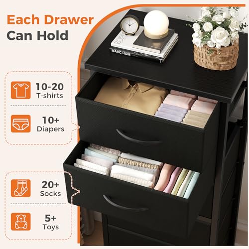 Sweetcrispy Tall Fabric Dresser for Bedroom, 6 Drawer Skinny Chest of Drawers, Narrow Storage Tower with Wood Top and Metal Frame, Vertical Nightstand for Closet, Bedroom Organization Furniture, Black - color: Black, size: 11.8"D x 15.7"W x 39.4"H (6 Draw