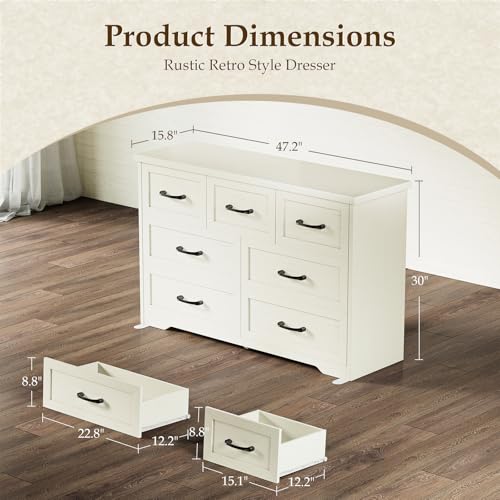 AODK Farmhouse 7 Drawer Dresser for Bedroom, 47” Wide Rustic Storage Chest with Engineered Wood Frame, Anti-Tip Design, American Country Bedroom Furniture, Vintage White - color: Vintage White, size: 15.7"D x 47"W x 29.8"H (7 Drawers)