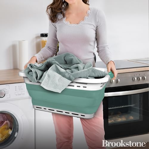 BROOKSTONE 11 GALLON XL 24" Collapsible Laundry Basket & Clothes Hamper, Comfort Non-Slip Handles, Modern Laundry Hamper with Space Saving Design, Portable Pop-Up Hamper, BPA FREE, Mint, 1 Pack - color: Mint Green, size: XL