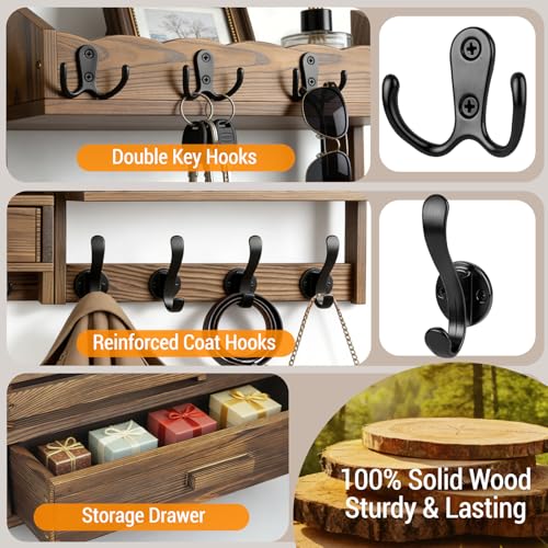 29" Coat Rack Wall Mount with Shelf & Drawer, Heavy Duty Wood Entryway Organizer, Wall Coat Hanger with 12 Metal Hooks, Wall Mounted Coat Rack Key & Mail Holder for Living Room, Bedroom - color: Brown, size: 29 inch