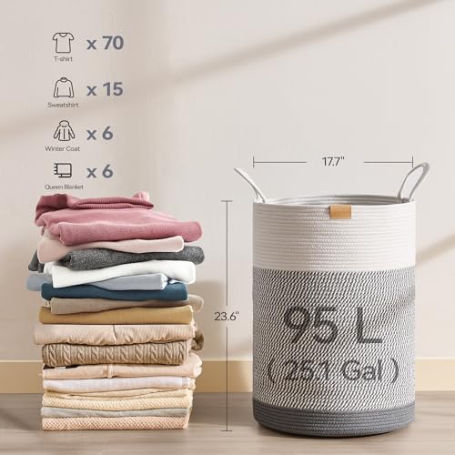 Nunsino Laundry Hamper 95L,Large Laundry Basket for Clothes,Decorative Storage Basket for Blankets,Cotton Rope Woven basket for bedroom,Grey White - color: Grey&White, size: 95L/25.1Gal