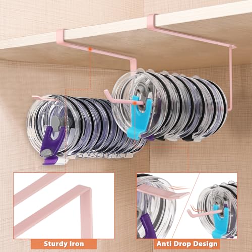 2 Pack Tumbler Lid Organizer, Horizontal Tumbler Lid Storage Hook Up to 20 Lids, Space Saving Cup Lid Holder Under Cabinet Tumbler Lid Hook for Kitchen Organizer, Paper Towel Hanger(Round&Flat, Pink) - color: Pink, size: 2 Pack(Round&Flat)