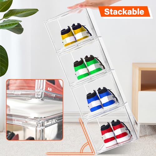 2 Pack Drop Front Shoe Boxes Fit US Size 13, Acrylic Shoe Organizer Clear Stackable Sneaker Sotrage Box for Entryway, Home, Underbed, Multiple Display Cases for Cosmetic, Hats, Figures, Sneakers - size: Large Size 13-14