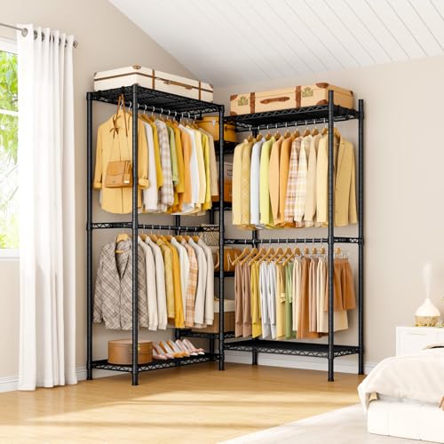 Ulif E4L L-shaped Clothes Rack for Corner, Heavy Duty Freestanding Garment Rack, Metal Clothing Organization Storage System with Shelves and Hangers, Max Load 962lbs, 42.7"W x 42.7"D x 79.3"H, Black - color: Black