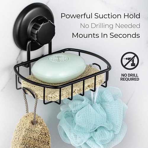 HASKO accessories Suction Soap Dish with Hooks - Super Powerful Vacuum Suction Cup Shower Soap Holder - Rustproof Stainless Steel SS304 Soap Basket - Sponge Holder for Bathroom & Kitchen (Black) - color: Black