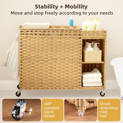 Laundry Hamper with Lid, 160L Rattan Wicker Laundry Basket with Wheels, Handwoven Laundry Hamper 3-Section with Storage shelf(42.3 Gal), Laundry Sorter Basket with Removable Liner, Natural HLH033N - color: Nature, size: 33.5”L x 13”W x26.4”H