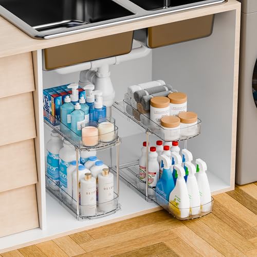 Yieach 2 Pack 13.8″ Deep 2 Tier Under Sink Storage Organizer,Large Pull Out Bathroom Organizers and Storage,Slide Out Acrylic Undersink Storage Shelf,Kitchen Under Sink Organizer for Cleaning Products - style: 2 Pack-2 Tier