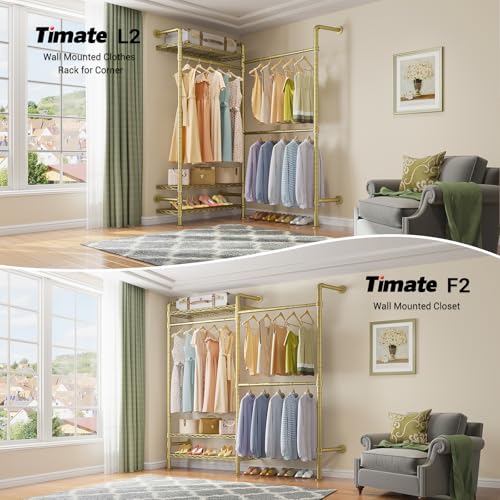 Timate L2 Wall Mounted Clothes Rack Industrial Pipe Clothing Rack for Hanging Clothes, Adjustable Expandable Garment Rack Heavy Duty Closet Organizer, Gold Mounted Closets Industrial Closet System - color: Gold