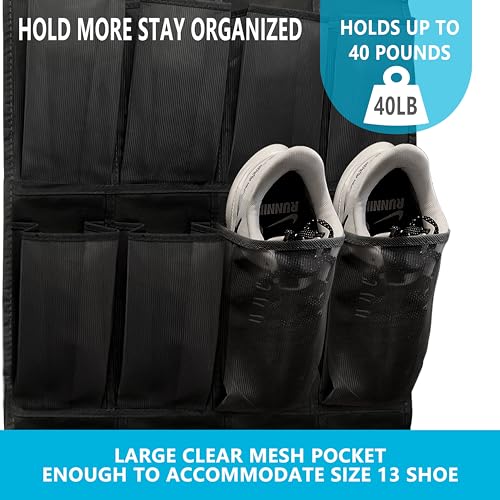 Over The Door Shoe Organizer with 24 Large Breathable Mesh Pockets Sturdy Closet Door Shoe Storage Holder Hanging SimpleHouseware Men Women Kids Shoe Holder for Rack (Black) - color: Black