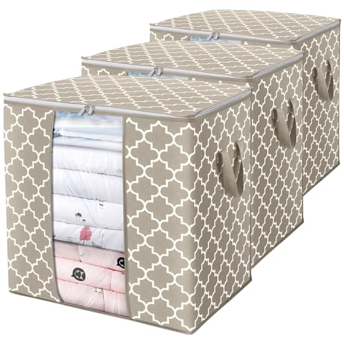 WISELIFE Storage Bags 3 Pack/100L Large Blanket Clothes Organization and Storage Containers for Comforters,Bedding, Foldable Organizer with Reinforced Handle, Clear Window, Sturdy Zippers,Beige - color: Beige, size: 3 x 100L