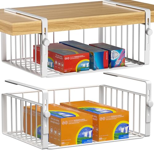 AmonHouseware 2Pack Under Shelf Basket Organizer,Adjustable Hanging Holder Storage for Cabinet Pantry Kitchen Cupboard Desk Counter Bookshelf Organization Add-on Space Saver Heavy Duty Slide-in,White - color: White