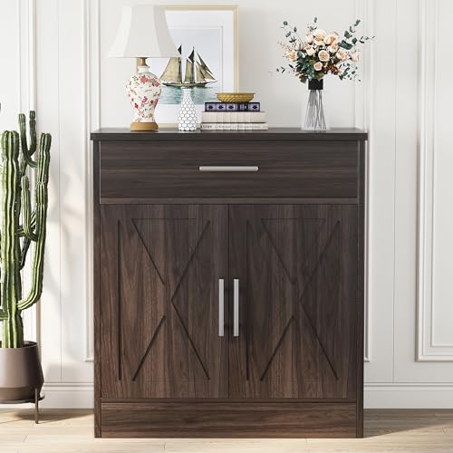 Shintenchi Farmhouse Storage Cabinets with Doors and Shelves,Kitchen Barn Door Storage Cabinet with Drawers,Coffee Bar Cabinet Buffest Sideboard for Dining Living Room,Bathroom,Entryway,Dark Brown - color: Dark Brown, size: 28.3"L