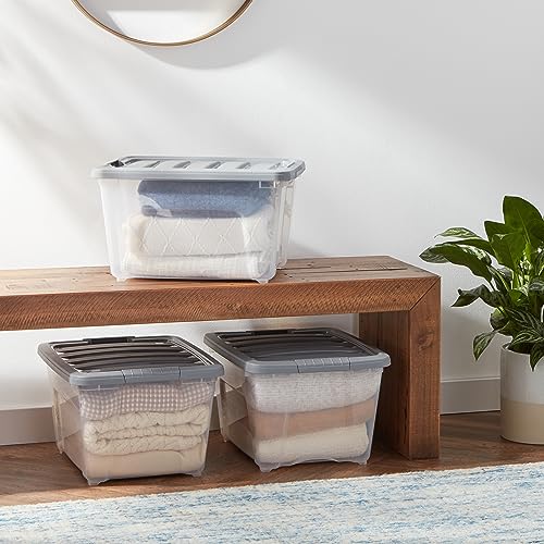 Amazon Basics Plastic Storage Containers with Secure Latching Lids, Stackable Organization Bins, Clear/Grey, 32 Quart, Set of 6 - size: 32 Qt. - 6 Pack