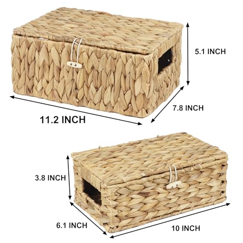 Set of 2 Wicker Baskets with Lid, Small Woven Wicker Storage Bins, Natural Water Hyacinth Basket Multipurpose Decorative Storage Boxes for Shelf Organizer (11.2" x 7.8" x 5.1" + 10" x 6.1" x 3.8") - size: 11.2" x 7.8" x 5.1" + 10" x 6.1" x 3.8"