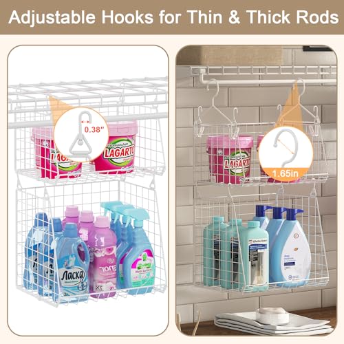 Sonyabecca 5-Tier Hanging Laundry Basket Organizer: Foldable Wire Shelf Basket with 4 Large Hooks 1.65" & 360°Rotating Hooks – Space-Saving Laundry Room Organization for Wardrobe Closet, White Patent - color: White, size: 5-Pack 13.7*11*60inch