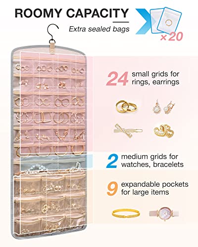 BAGSMART Hanging Jewelry Organizer, Necklace Holder Anti-tangle Earrings Rings Hanger with 20 Jewelry Bags Travel Storage Roll with Pockets Hang on Closet, Wall, Door,1 Piece, Large Grey - color: Grey, size: Large - Standard