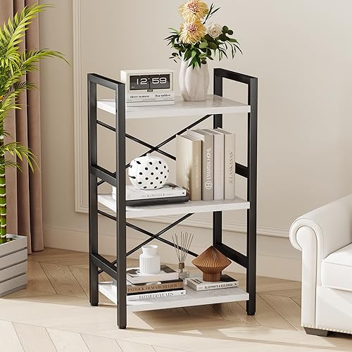 Homeiju Bookshelf, 3 Tier Industrial Bookcase, Metal Small Bookcase, Rustic Etagere Book Shelf Storage Organizer for Living Room, Bedroom, and Home Office(White) Patent Pending D29873033 - color: White, size: 3 Tier