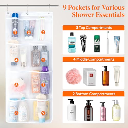 Lifewit Cruise Essentials Shower Caddy Must-Have, 9 Pockets Hanging Bathroom Organizer with Quick-Dry Mesh, Portable Shower Bag to Storage Soap, Shampoo, for RVing, Travel, Camping, White, 1 Pack - size: 17" x 34"