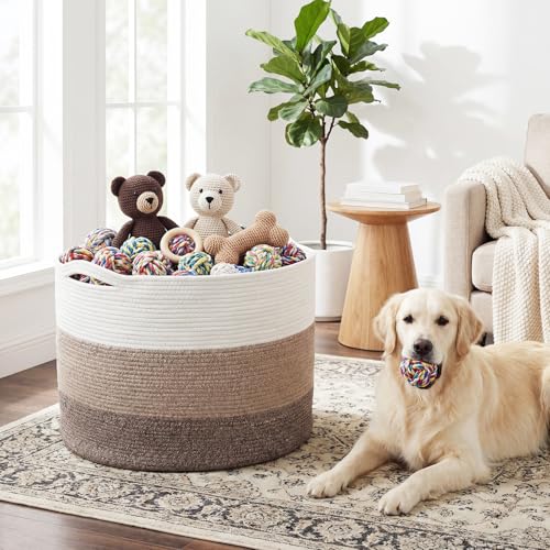 XXXXL 125L Extra Large Blanket Basket, 23.6" x 16.9" Jumbo Woven Cotton Rope Storage Basket with Handles, Laundry Hamper, Toy Storage for Living & Play Room(White, Beige & Natural Linen) - color: White, Beige & Natural Linen