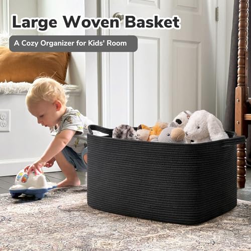 Goodpick Large Blanket Basket Living Room, 21.6" x 14.9" x 11.8" Woven Storage Basket for Blankets, Toys, Rectangle Rope Dirty Clothes Baskets for Nursery, Bedroom, Black - color: Black, size: Large(21.6"L x 14.9"W x 11.8"H)