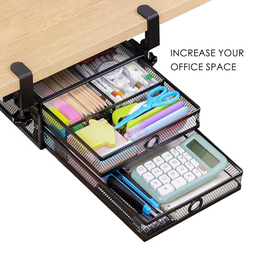 2-Tier Clamp-On Mesh Organizer, Under Desk Storage with Slide-Out Tray, No Drilling Tool-Free Installation, Durable Rust-Resistant Metal, Large-Capacity Organizer. - color: Black - 2 Tier