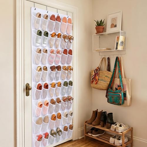 48 Pockets Over The Door Shoe Organizer, Large Mesh Hanging Shoe Rack, 6-Column Heavy Duty Shoe Storage for Sneakers and Heels, Behind Door Holder for Entryway Bedroom Dorm College, White - color: White