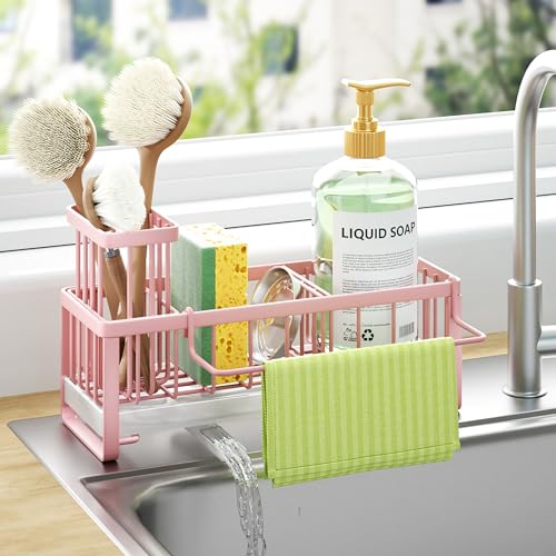 HapiRm Sponge Holder for Kitchen Sink - Self-draining Sink Caddy with Brush and Dishcloth Holders, Stainless Steel Kitchen Organizer for Countertop - Pink - color: Pink, size: with Dishcloth Holder