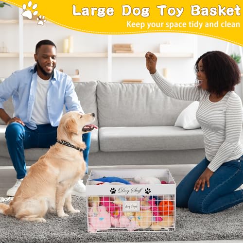 Bfttlity Dog Toy Basket - Large Dog Toy Box with Handles and Label Position Design for Living Room, Metal Dog Toy Bin Storage for Dogs Chew Pets Toys, Blankets, Clothes, Food (White) - color: Large White