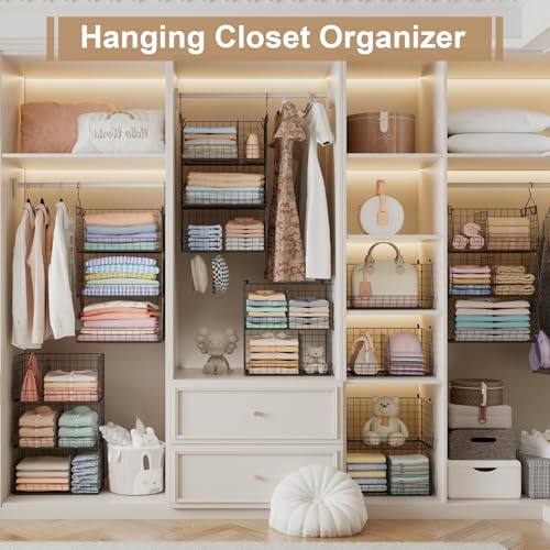 Jautokerdar 3 Tier Closet Hanging Shelves with Divider, Extra Large Closet Organizers and Storage, Clothes Hanging Organizer Clothing Sweaters Handbags Clutches Accessories - color: Black, size: 3-Tier