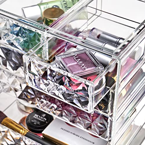 Sorbus Acrylic Makeup Organizer Set, 6-Drawer Vanity & Countertop Cosmetic Storage with Small & Wide Drawers, Diamond Makeup Storage for Brushes, Lipsticks, Jewelry – Holiday Gift for Women & Teens - color: Diamond, style: 4 Large, 2 Small Drawers