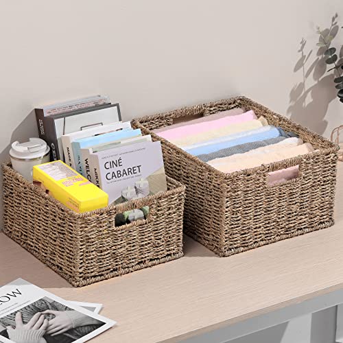 HOONEX Large Wicker Baskets for Storage, Seagrass Baskets with Dual Handles, Woven Set of 2, Natural - color: Natural (Seagrass), size: 15 x 12.8 x 7.5 inches