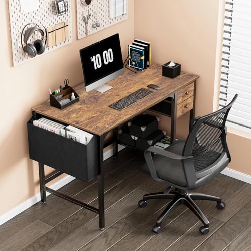 Lufeiya Computer Desk with Drawers - 40 Inch Work Reversible Small Desk for Bedroom Home Office, Simple Study Writing Table PC Desks with Drawer Storage Shelves, Rustic Brown - color: Rustic Brown, size: 40 inch