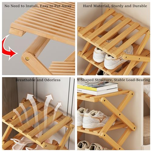 Foldable Shoe Rack, Bamboo Vertical Shoe Organizer Tall for Small Spaces. Multifunctional Narrow Shoe Shelf for Entryway, Closet, Corner, Bedroom, Hallway, Wood Color 6 Layers - color: Wood Color, size: 6 Layers