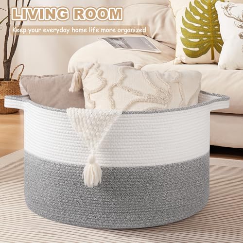 OIASKET XXL Large Blanket Basket with Handles, 105L Woven Storage Basket for Living Room, Cotton Rope Baby Toy Storage for Clothes, Pillows, Towels-Grey & White - color: Grey & White, size: 105L