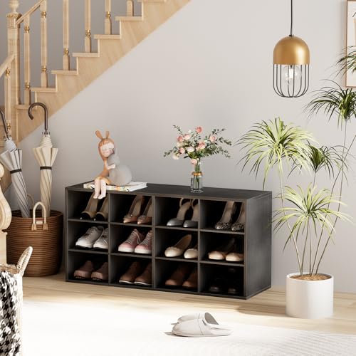 Garden 4 you Shoe Storage Bench, Cubby Shoe Rack with 12 Cubbies, 3-Tier Wood Shoe Rack Organizer, Shoe Organizer Cabinet for Entryway, Hallway, Closet and Garage, Black - color: Black, size: 12-cube 3-tier