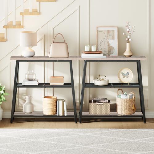HOOBRO 30" Narrow Console Table, 3-Tier Small Entryway Table with Storage Shelves, Behind Couch Sofa Table, Hallway Table for Entryway, Foyer, Hallway, Living Room, Greige and Black BG62XG01 - color: Greige + Black