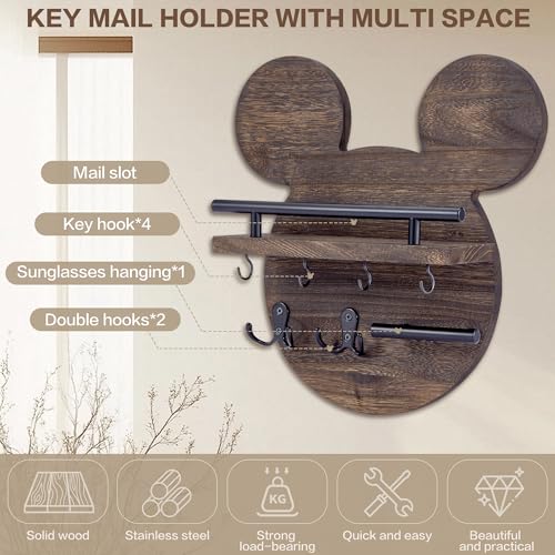 AIRPOP Key Holder for Wall–Mouse Wooden Mail Organizer Wall Mount with Shelf and 6 Hooks, Easy Installation Key Rack Hanger for Entryway Living Room Home Decor (Brown) - color: Brown