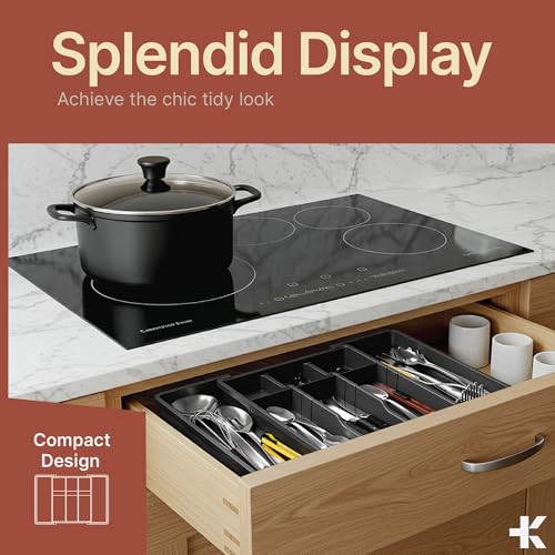 Black Expandable Utensil Drawer Organizer 1 Pack, Adjustable 13” to 22.4”, 5 Compartment Silverware Organizer for Kitchen Utensils, Spatulas, Cutlery, and Tools, Easy to Clean, Durable, and BPA-Free - color: Black, size: 5 Comp'ts (Pack of 1)