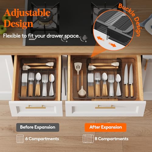 Lifewit Silverware Organizer for Kitchen Drawer, Expandable Utensil Tray for Spoons Forks Knives, Adjustable Flatware Cutlery Holder Storage, Black